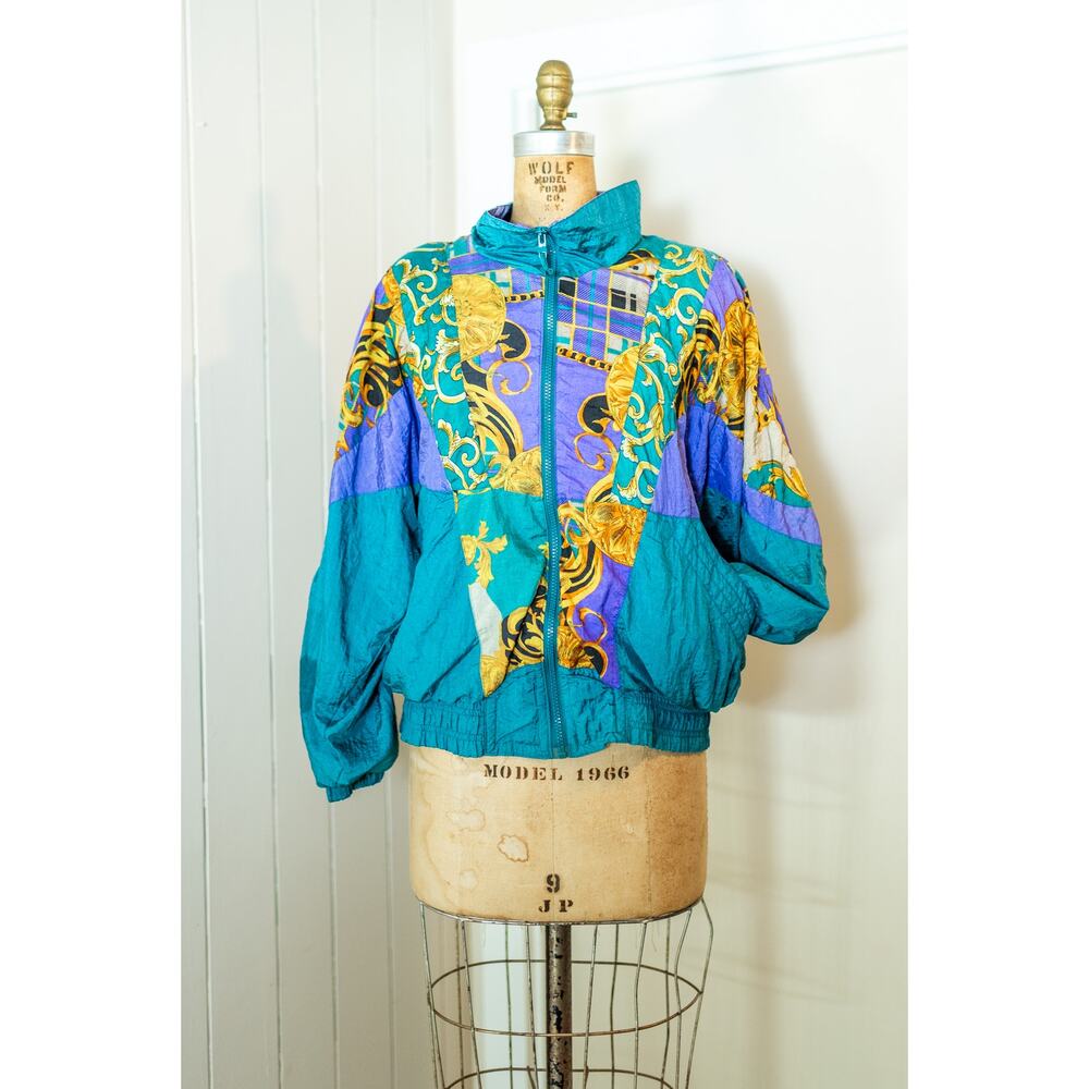 Vintage 90s Colorful Windbreaker, Teal Purple Retro Jacket Rivers Edge, Petite M